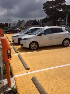 Electric cars recharge at Leclerc  hypermarket, Pont l’Abbé in Brittany, France.
